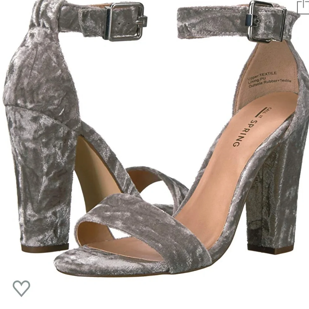 Silver Velvet Ankle-Strap Block Heel Sandals Sz 7.5